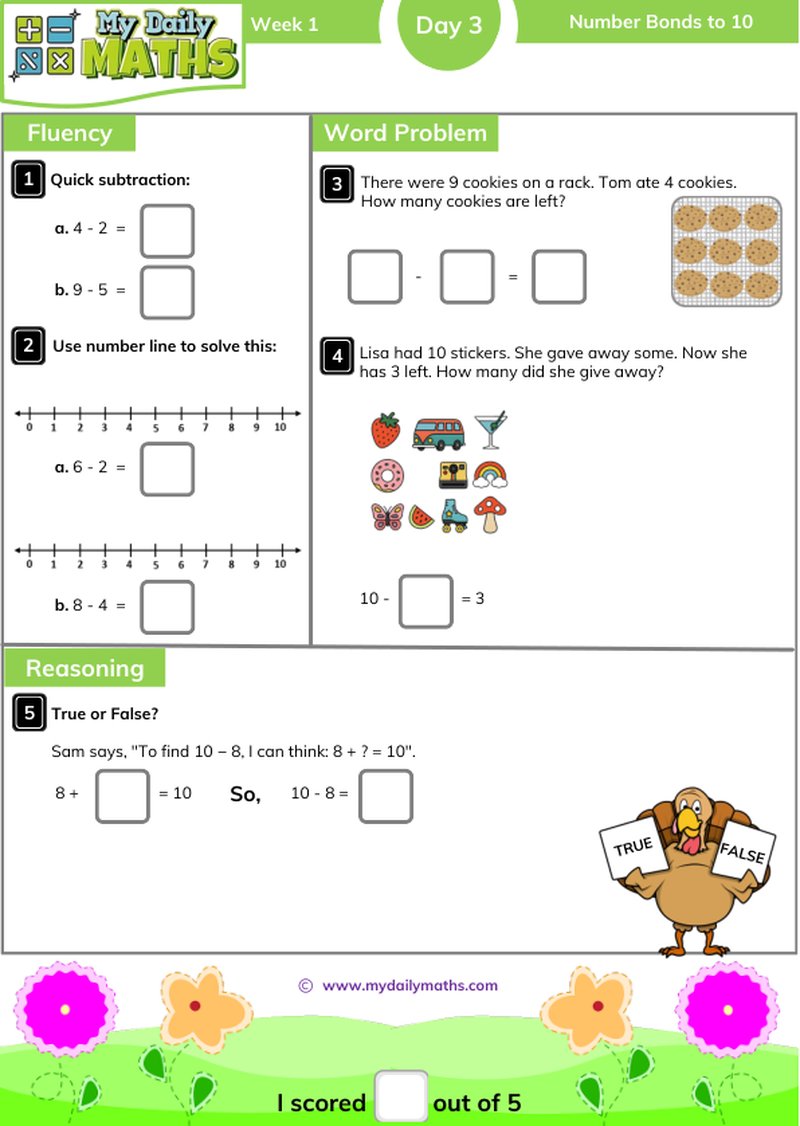 Year 2 Number Bonds to 10 - Day 3 - Addition & Subtraction maths worksheet with fluency, word problem, and reasoning sections