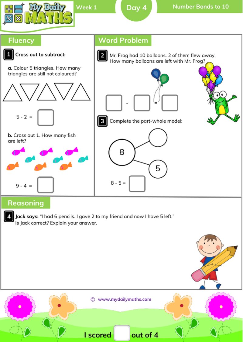 Year 2 Number Bonds to 10 - Day 4 - Addition & Subtraction maths worksheet with fluency, word problem, and reasoning sections