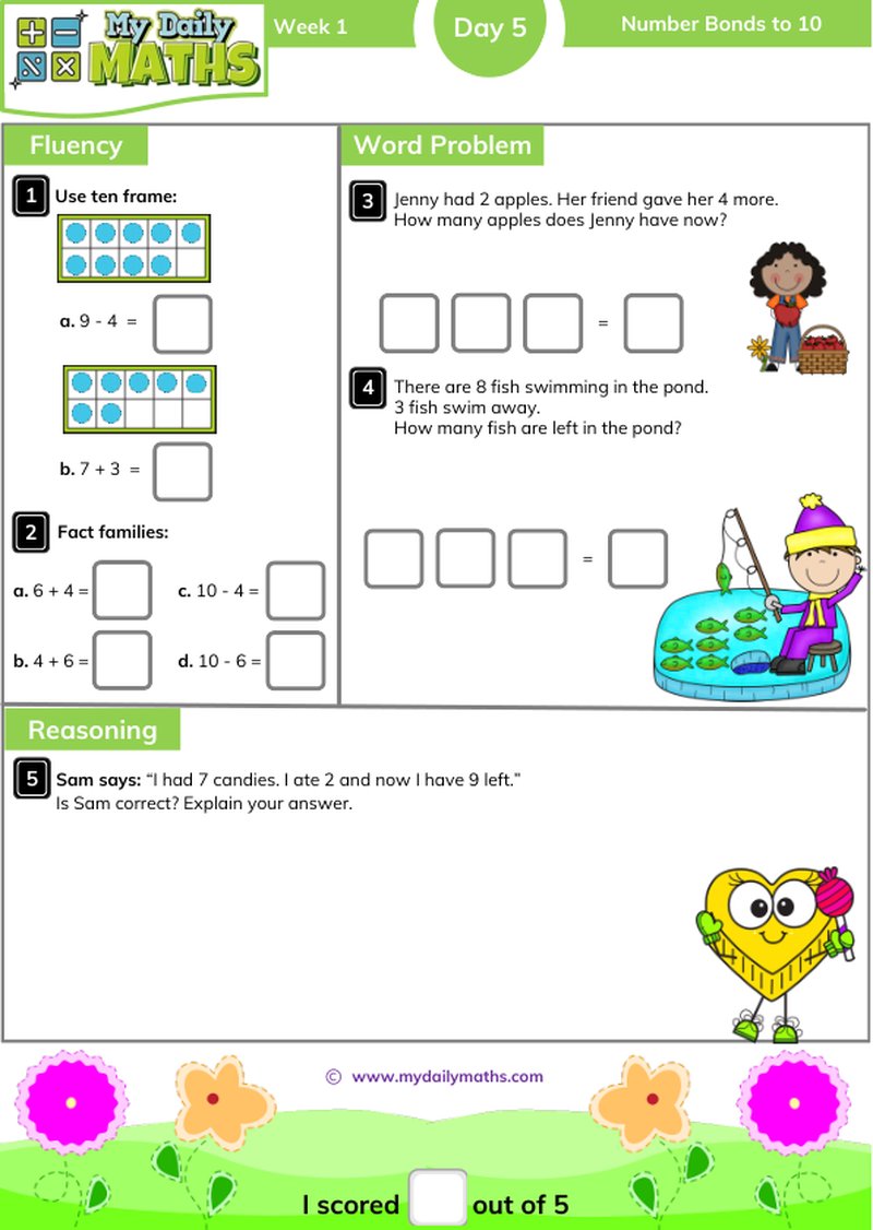 Year 2 Number Bonds to 10 - Day 5 - Addition & Subtraction maths worksheet with fluency, word problem, and reasoning sections