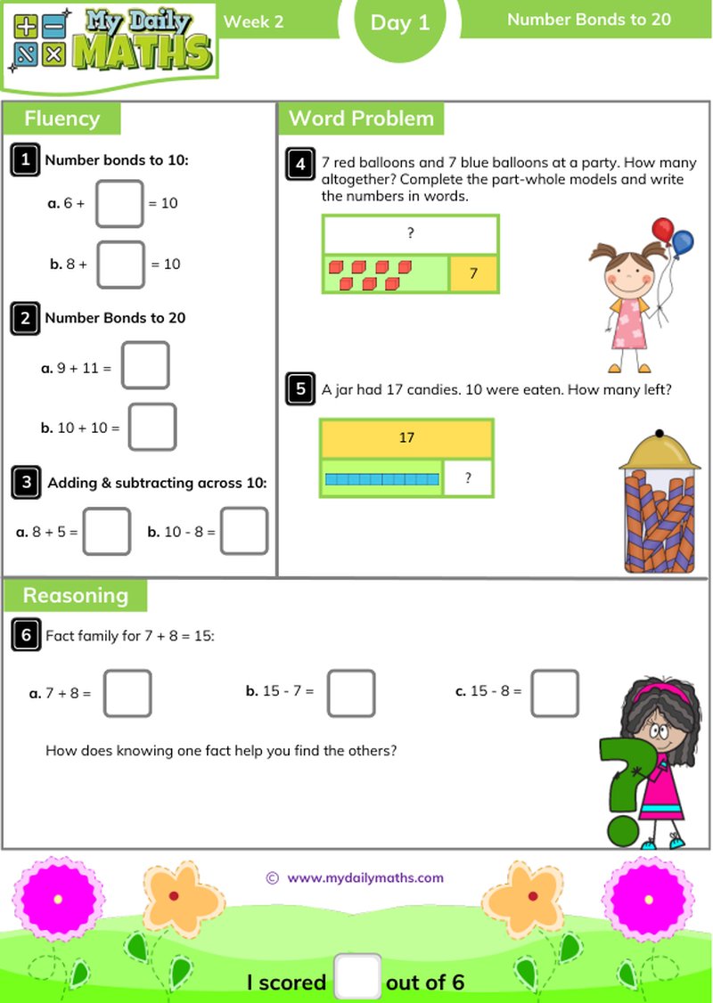 Year 2 Number Bonds to 20 - Day 1 - Addition & Subtraction maths worksheet with fluency, word problem, and reasoning sections