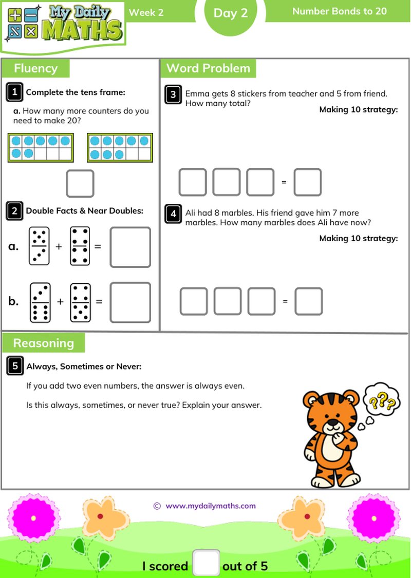 Year 2 Number Bonds to 20 - Day 2 - Addition & Subtraction maths worksheet with fluency, word problem, and reasoning sections