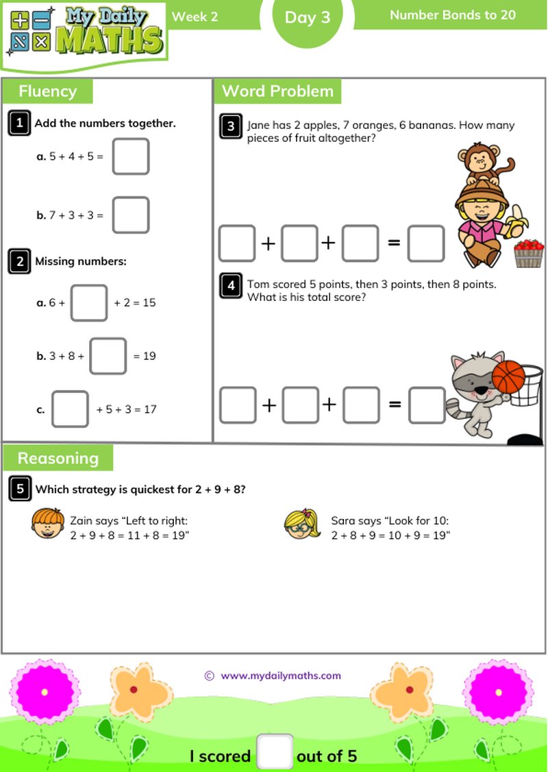 Year 2 Number Bonds to 20 - Day 3 - Addition & Subtraction maths worksheet with fluency, word problem, and reasoning sections