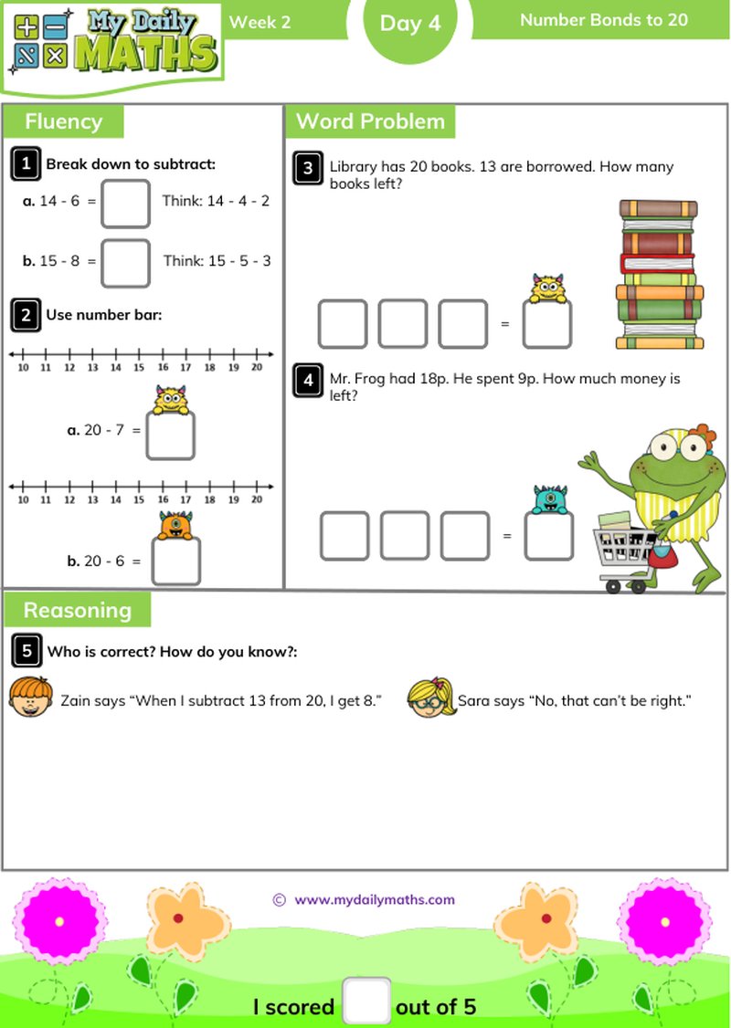 Year 2 Number Bonds to 20 - Day 4 - Addition & Subtraction maths worksheet with fluency, word problem, and reasoning sections