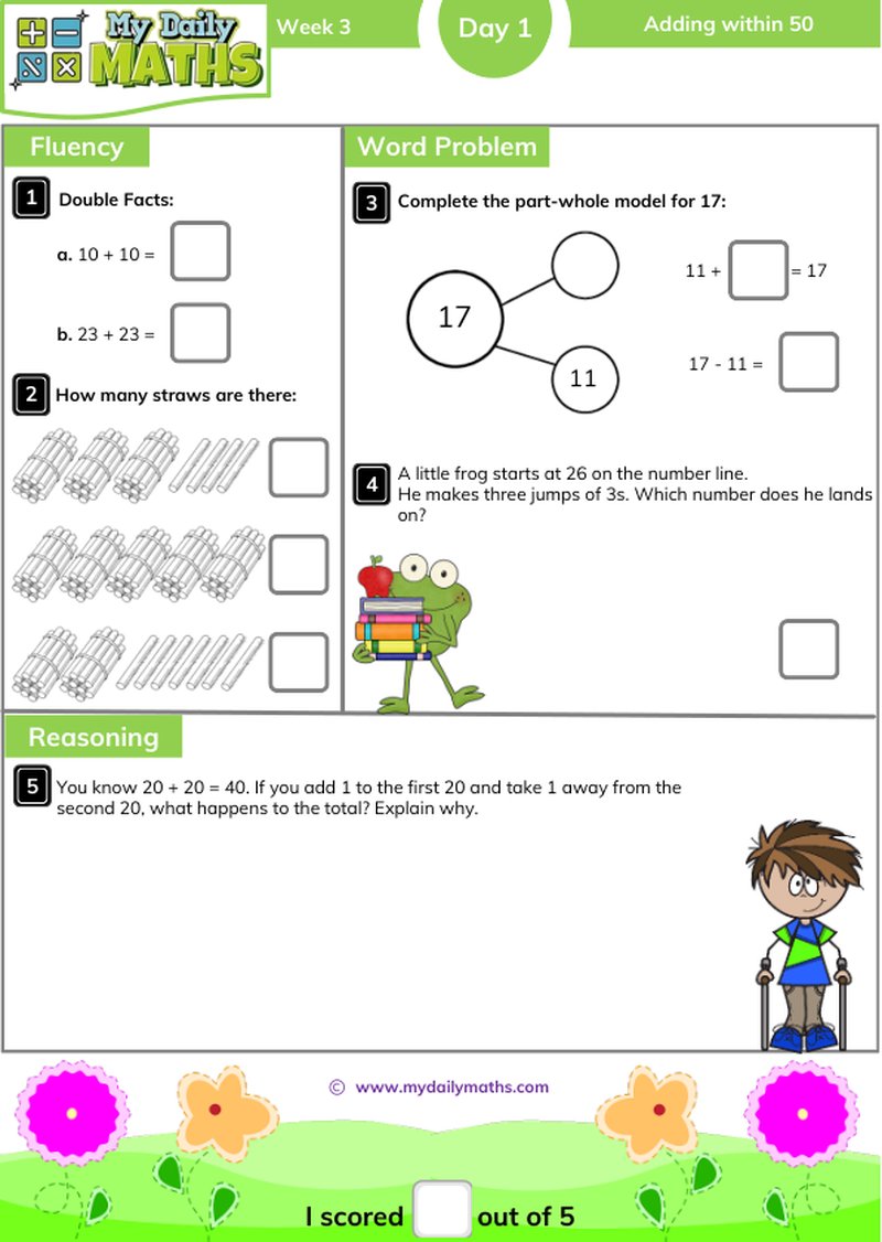 Year 2 Adding within 50 - Day 1 - Addition & Subtraction maths worksheet with fluency, word problem, and reasoning sections