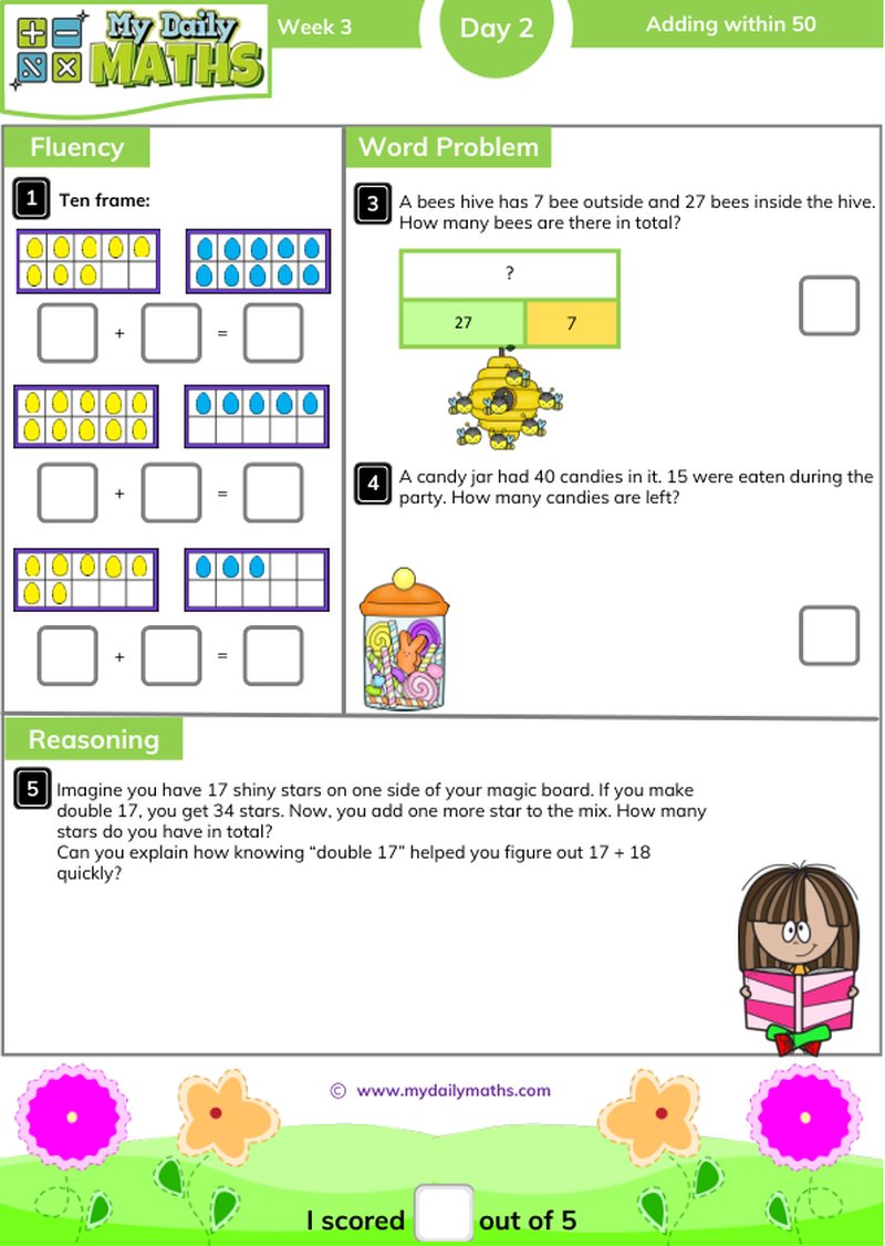 Year 2 Adding within 50 - Day 2 - Addition & Subtraction maths worksheet with fluency, word problem, and reasoning sections
