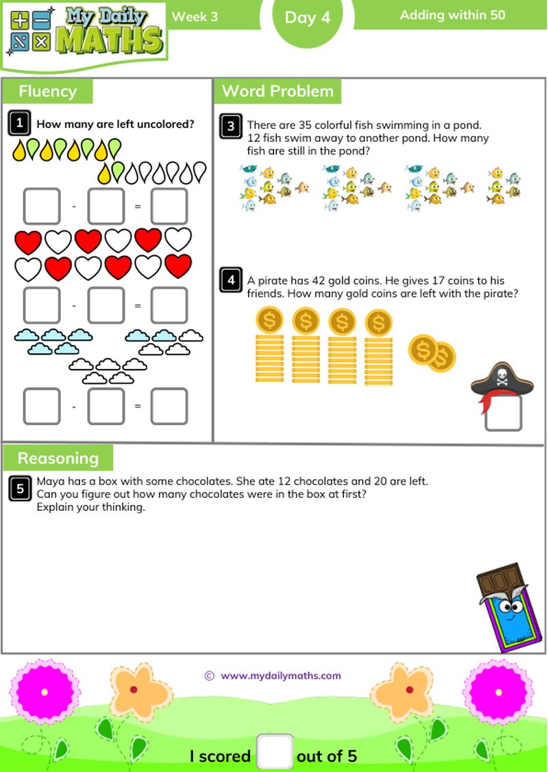 Year 2 Adding within 50 - Day 4 - Addition & Subtraction maths worksheet with fluency, word problem, and reasoning sections