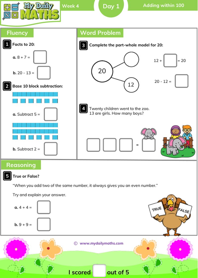 Year 2 Adding within 100 - Day 1 - Addition & Subtraction maths worksheet with fluency, word problem, and reasoning sections