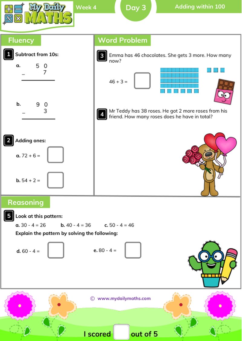 Year 2 Adding within 100 - Day 3 - Addition & Subtraction maths worksheet with fluency, word problem, and reasoning sections