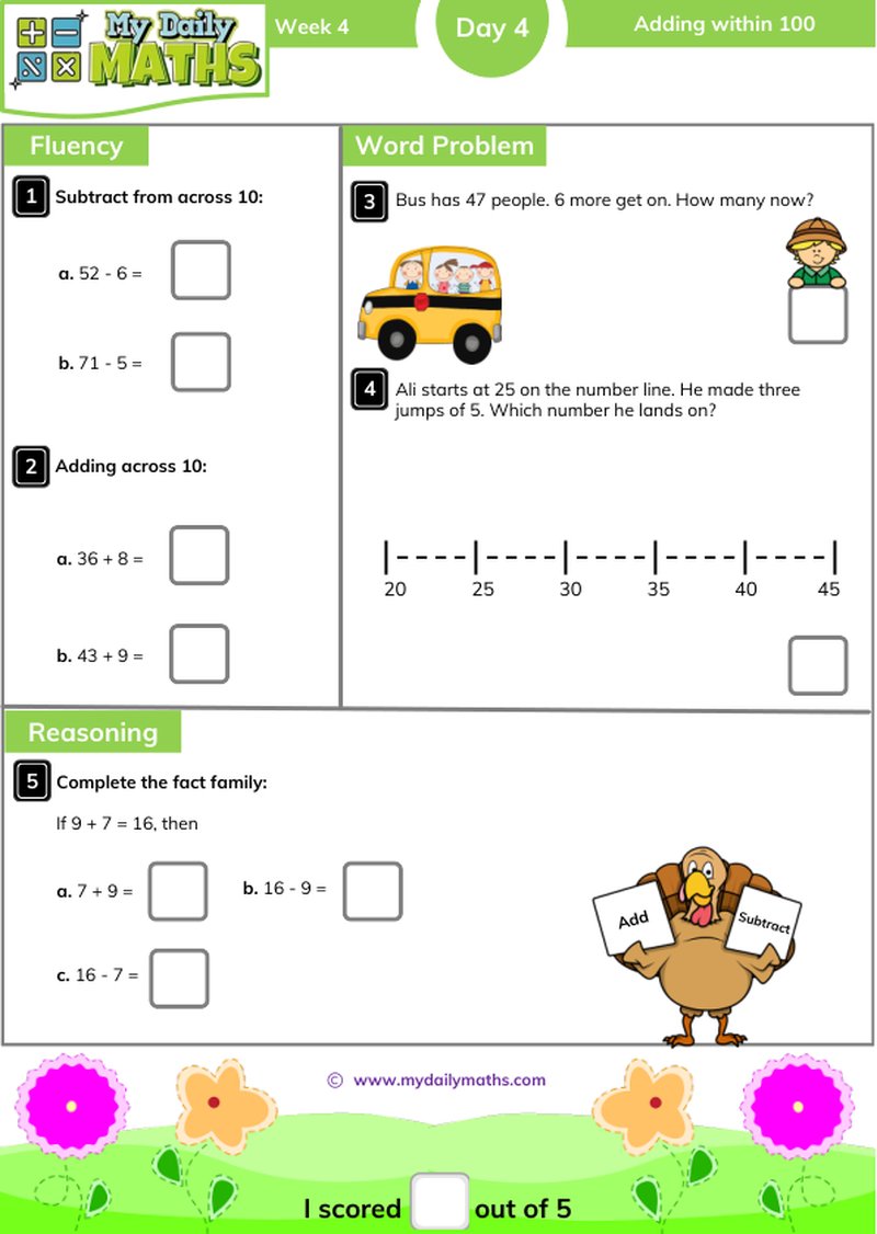 Year 2 Adding within 100 - Day 4 - Addition & Subtraction maths worksheet with fluency, word problem, and reasoning sections