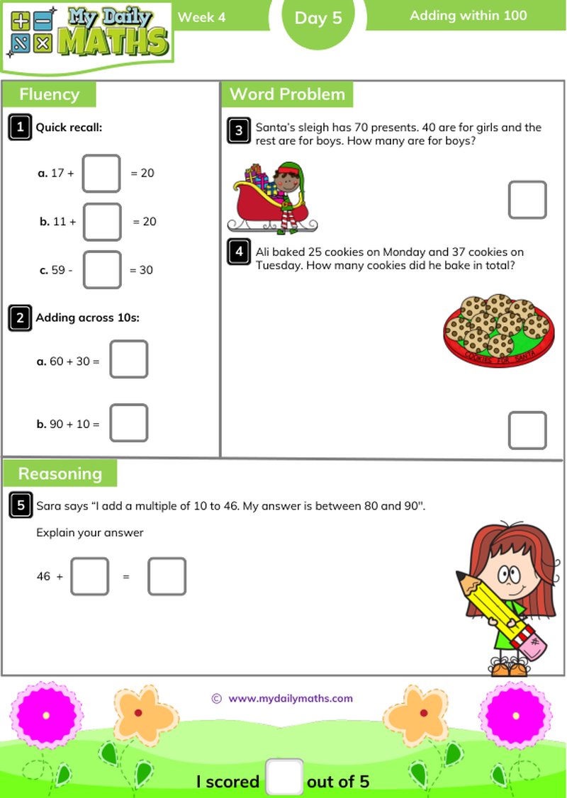 Year 2 Adding within 100 - Day 5 - Addition & Subtraction maths worksheet with fluency, word problem, and reasoning sections