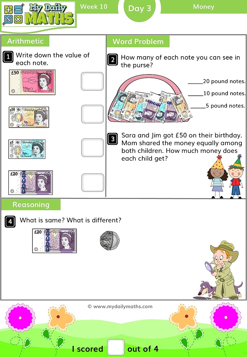 Year 2 Making Amounts - Day 3 - Money maths worksheet with fluency, word problem, and reasoning sections