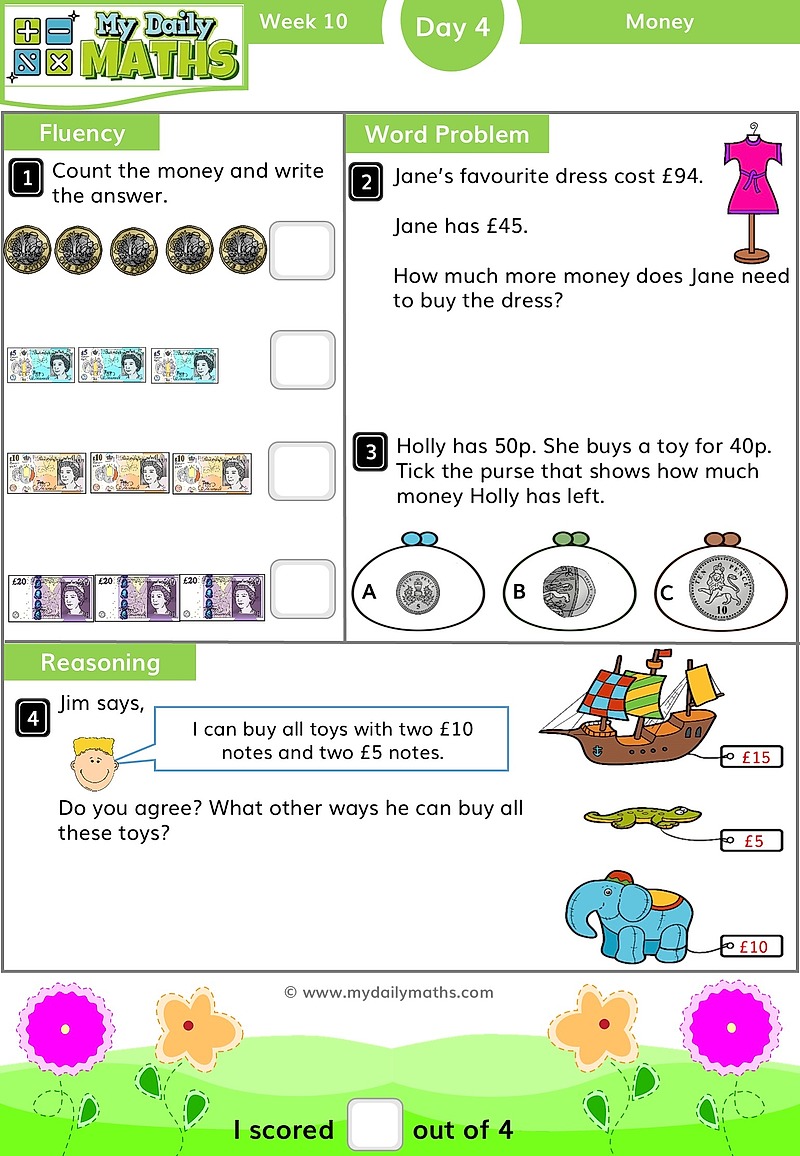 Year 2 Making Amounts - Day 4 - Money maths worksheet with fluency, word problem, and reasoning sections