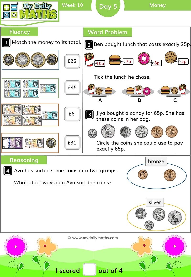 Year 2 Making Amounts - Day 5 - Money maths worksheet with fluency, word problem, and reasoning sections