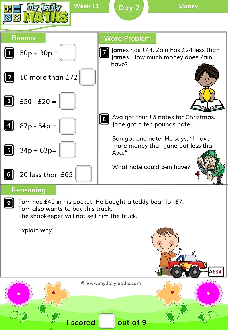 Year 2 Giving Change - Day 2 - Money maths worksheet with fluency, word problem, and reasoning sections