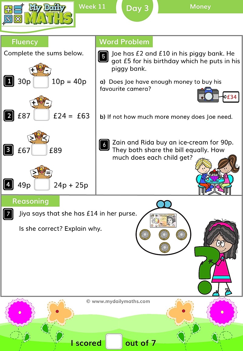 Year 2 Giving Change - Day 3 - Money maths worksheet with fluency, word problem, and reasoning sections