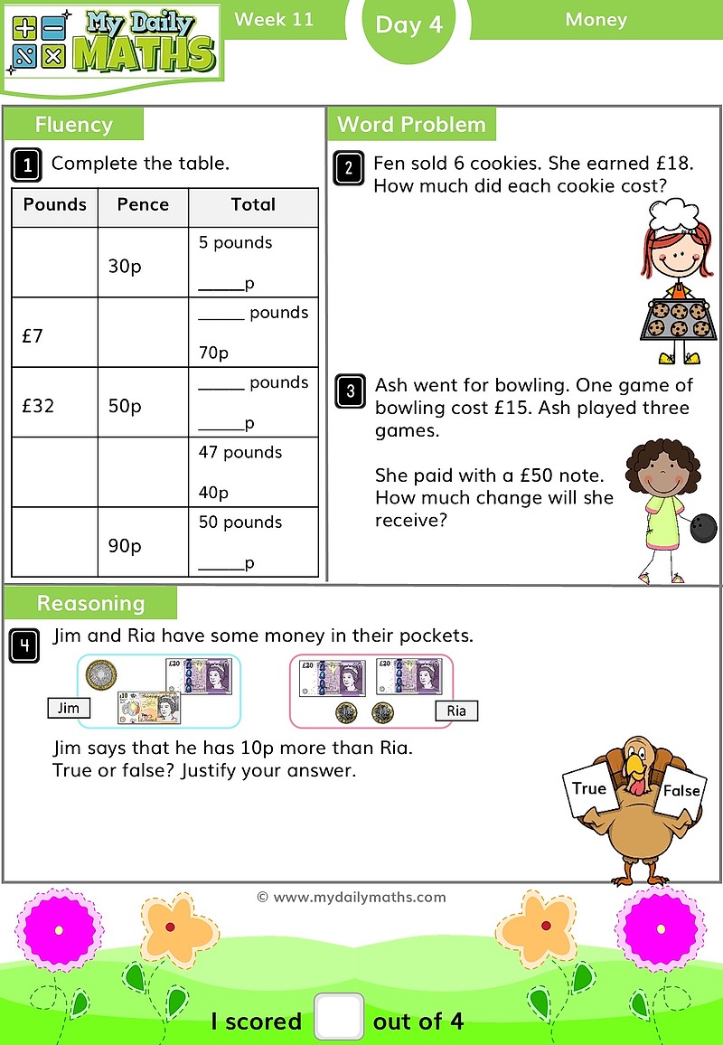 Year 2 Giving Change - Day 4 - Money maths worksheet with fluency, word problem, and reasoning sections
