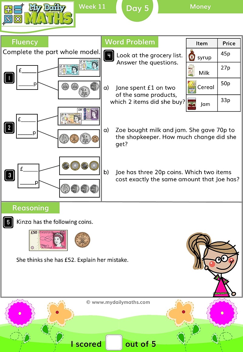 Year 2 Giving Change - Day 5 - Money maths worksheet with fluency, word problem, and reasoning sections
