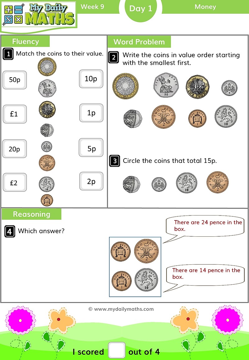 Year 2 Recognising Coins and Notes - Day 1 - Money maths worksheet with fluency, word problem, and reasoning sections