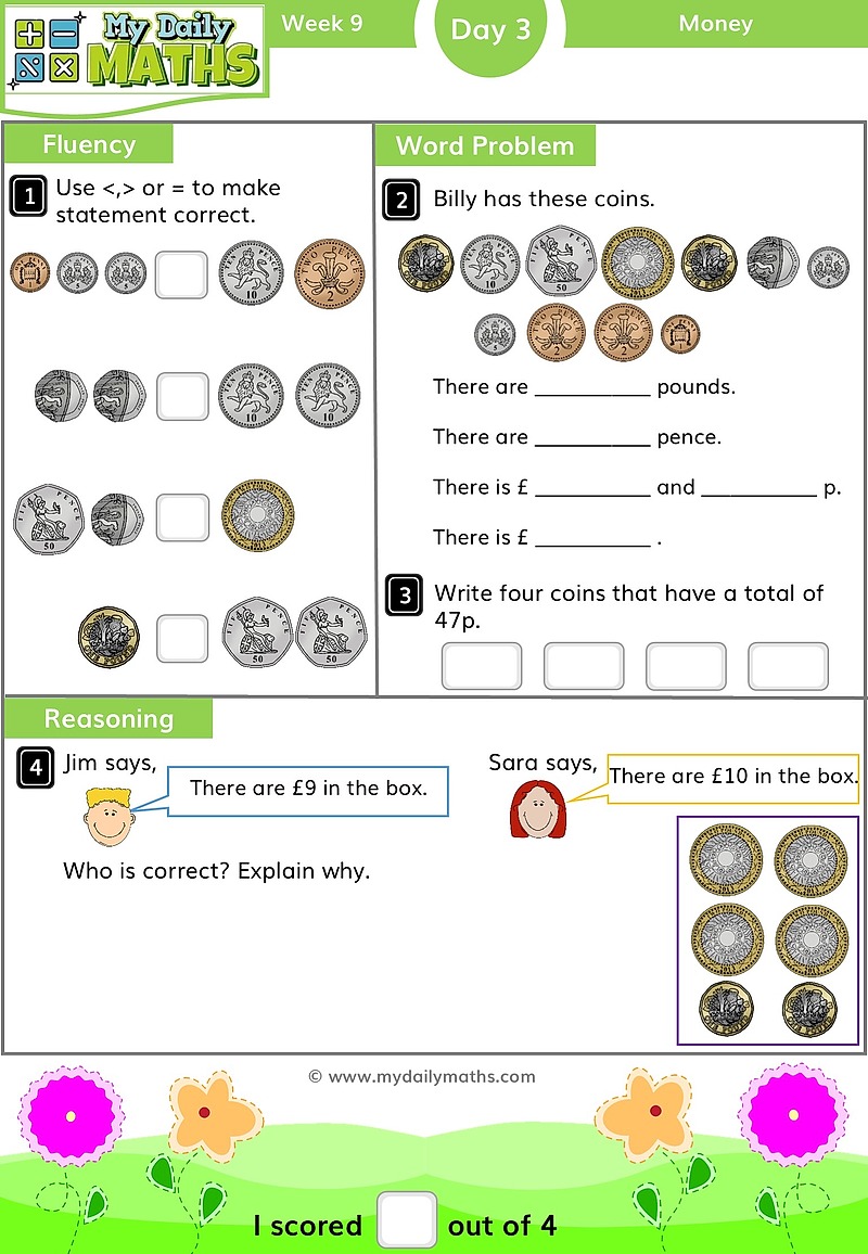 Year 2 Recognising Coins and Notes - Day 3 - Money maths worksheet with fluency, word problem, and reasoning sections