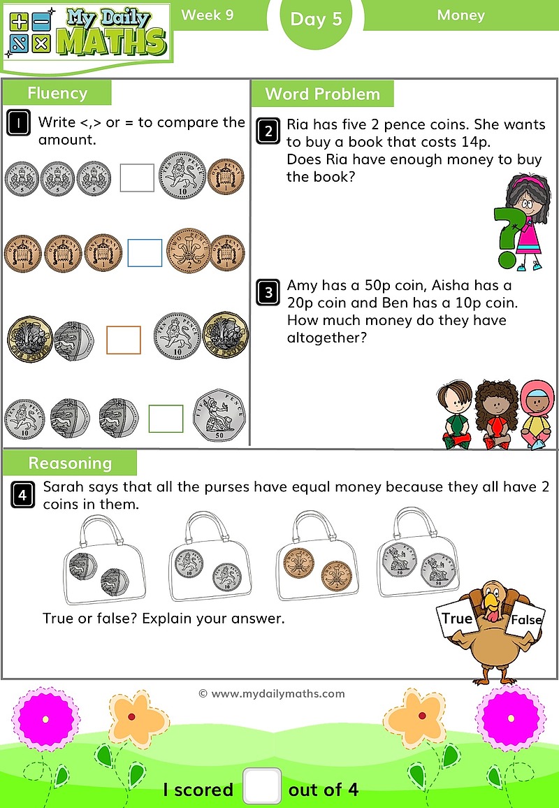 Year 2 Recognising Coins and Notes - Day 5 - Money maths worksheet with fluency, word problem, and reasoning sections