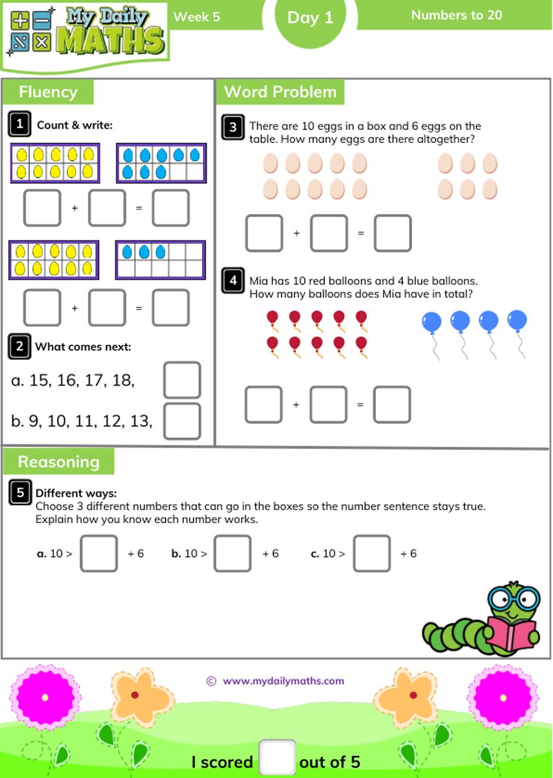 Year 2 Numbers to 20 - Day 1 - Place value maths worksheet with fluency, word problem, and reasoning sections