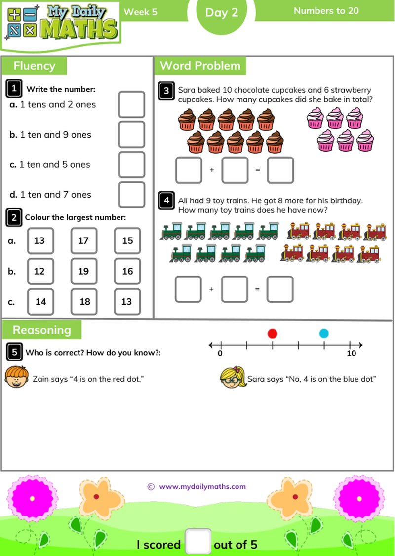 Year 2 Numbers to 20 - Day 2 - Place value maths worksheet with fluency, word problem, and reasoning sections