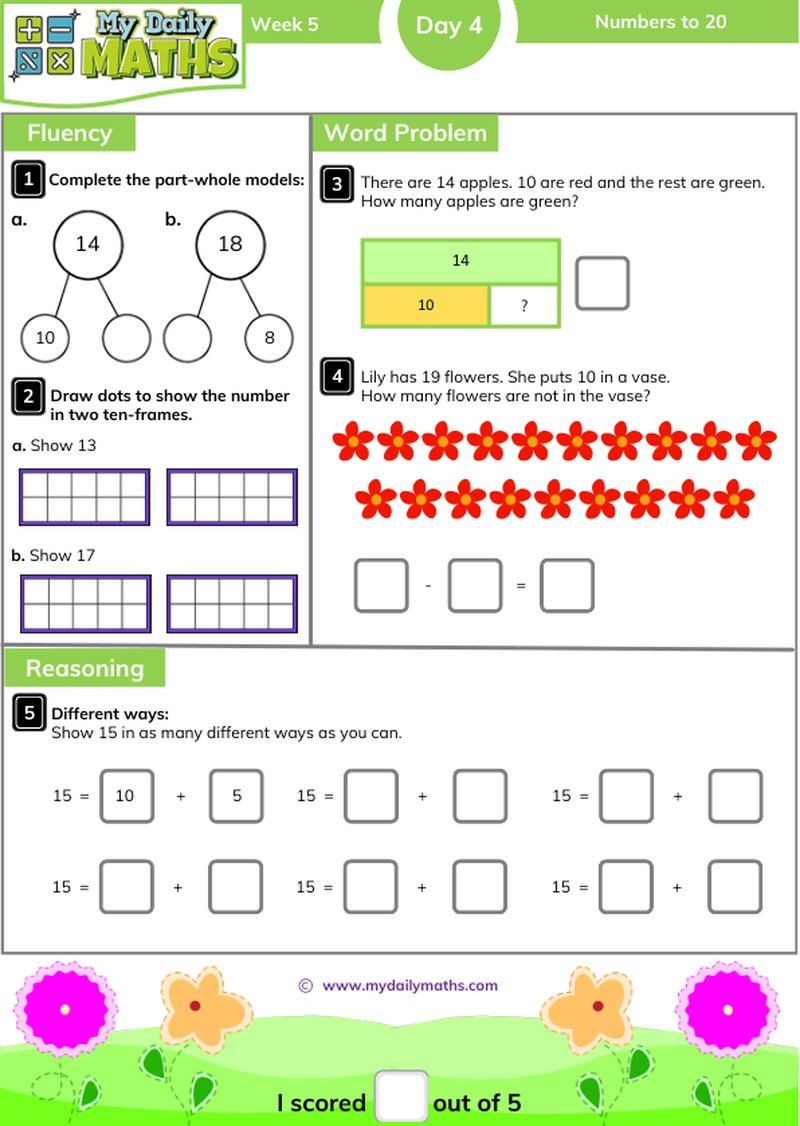 Year 2 Numbers to 20 - Day 4 - Place value maths worksheet with fluency, word problem, and reasoning sections