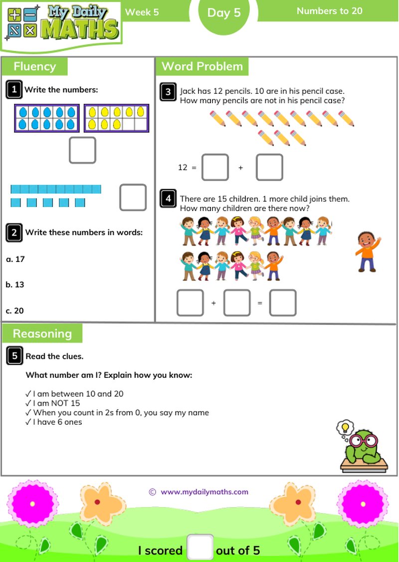 Year 2 Numbers to 20 - Day 5 - Place value maths worksheet with fluency, word problem, and reasoning sections