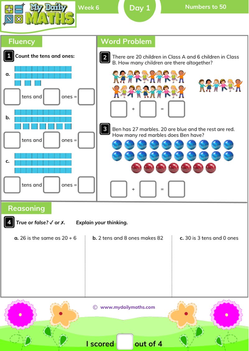 Year 2 Numbers to 50 - Day 1 - Place value maths worksheet with fluency, word problem, and reasoning sections