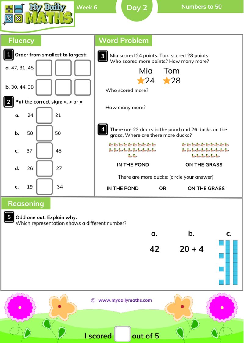 Year 2 Numbers to 50 - Day 2 - Place value maths worksheet with fluency, word problem, and reasoning sections