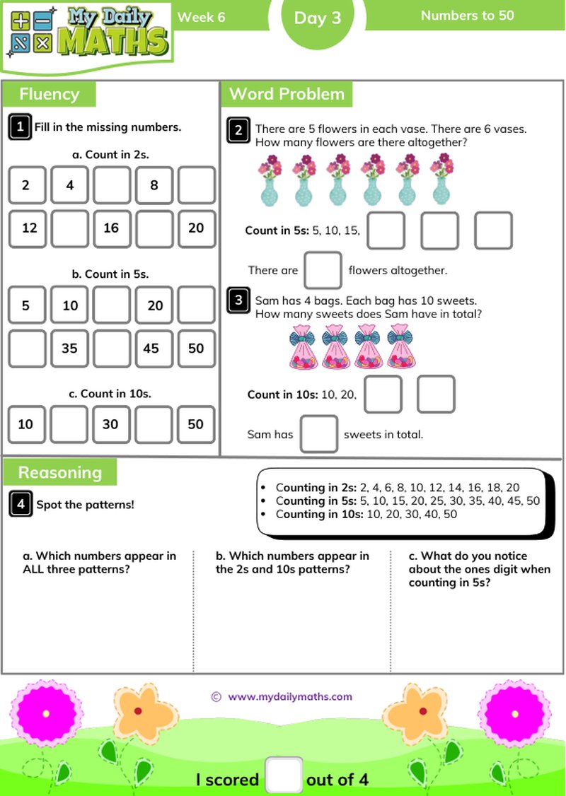 Year 2 Numbers to 50 - Day 3 - Place value maths worksheet with fluency, word problem, and reasoning sections