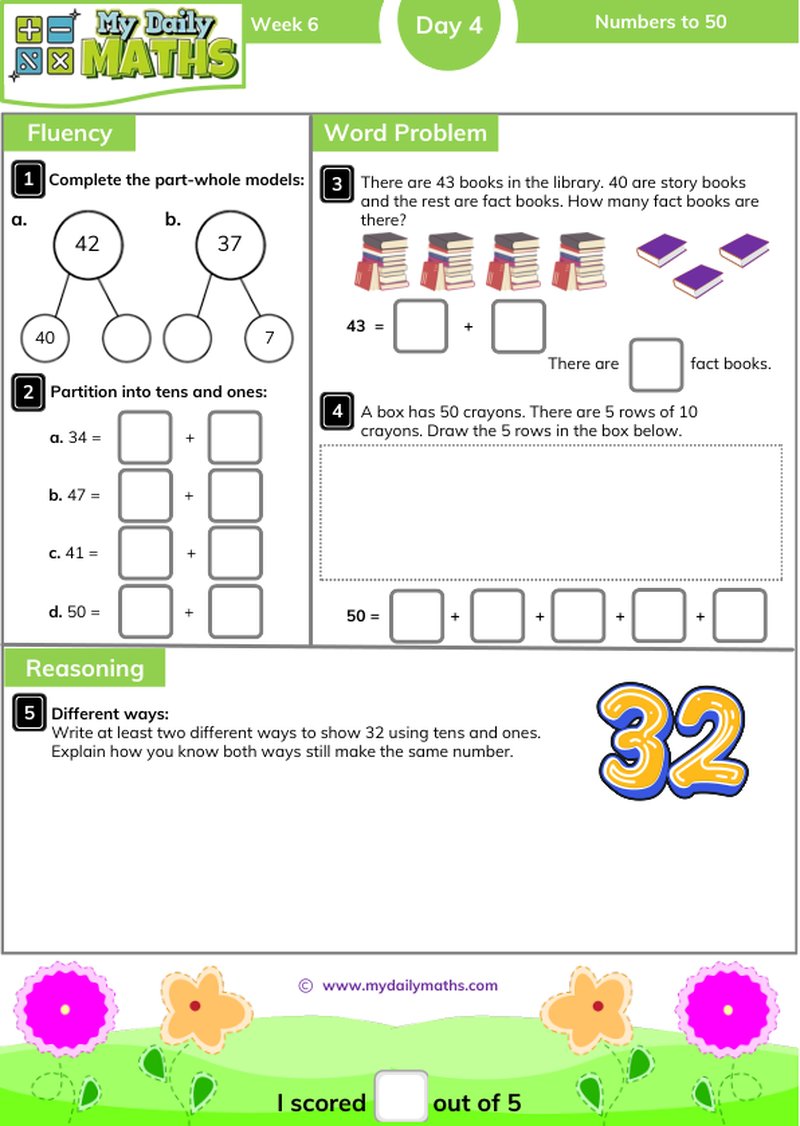 Year 2 Numbers to 50 - Day 4 - Place value maths worksheet with fluency, word problem, and reasoning sections