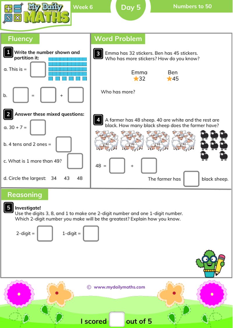 Year 2 Numbers to 50 - Day 5 - Place value maths worksheet with fluency, word problem, and reasoning sections