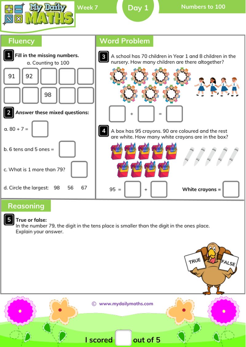 Year 2 Numbers to 100 - Day 1 - Place value maths worksheet with fluency, word problem, and reasoning sections