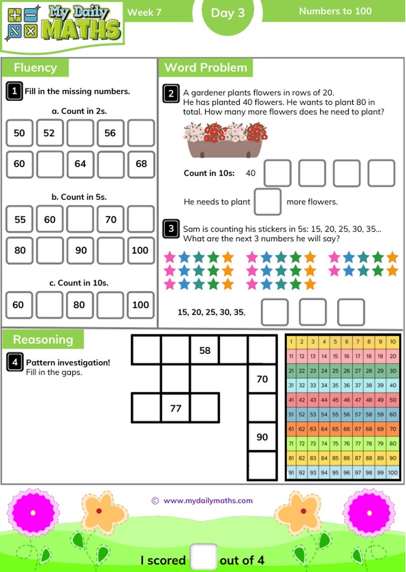 Year 2 Numbers to 100 - Day 3 - Place value maths worksheet with fluency, word problem, and reasoning sections