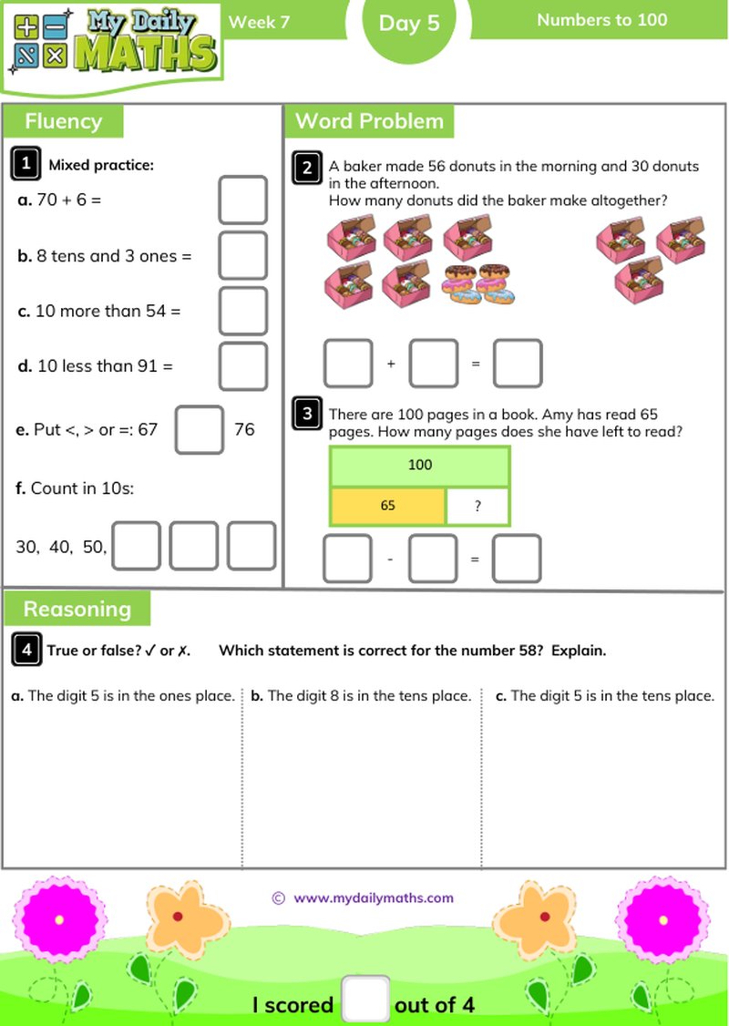 Year 2 Numbers to 100 - Day 5 - Place value maths worksheet with fluency, word problem, and reasoning sections