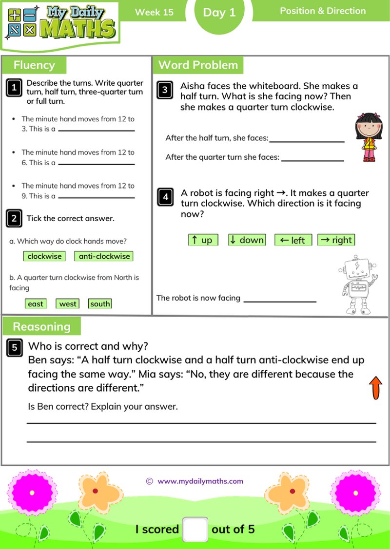 Year 2 Position & Direction - Day 1 - Position & Direction maths worksheet with fluency, word problem, and reasoning sections