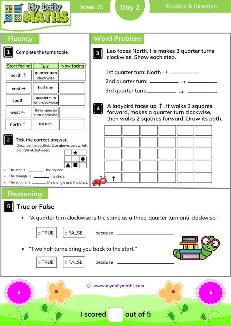Year 2 Position & Direction - Day 2 - Position & Direction maths worksheet with fluency, word problem, and reasoning sections