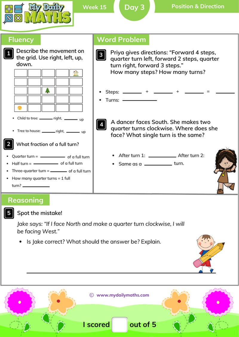 Year 2 Position & Direction - Day 3 - Position & Direction maths worksheet with fluency, word problem, and reasoning sections