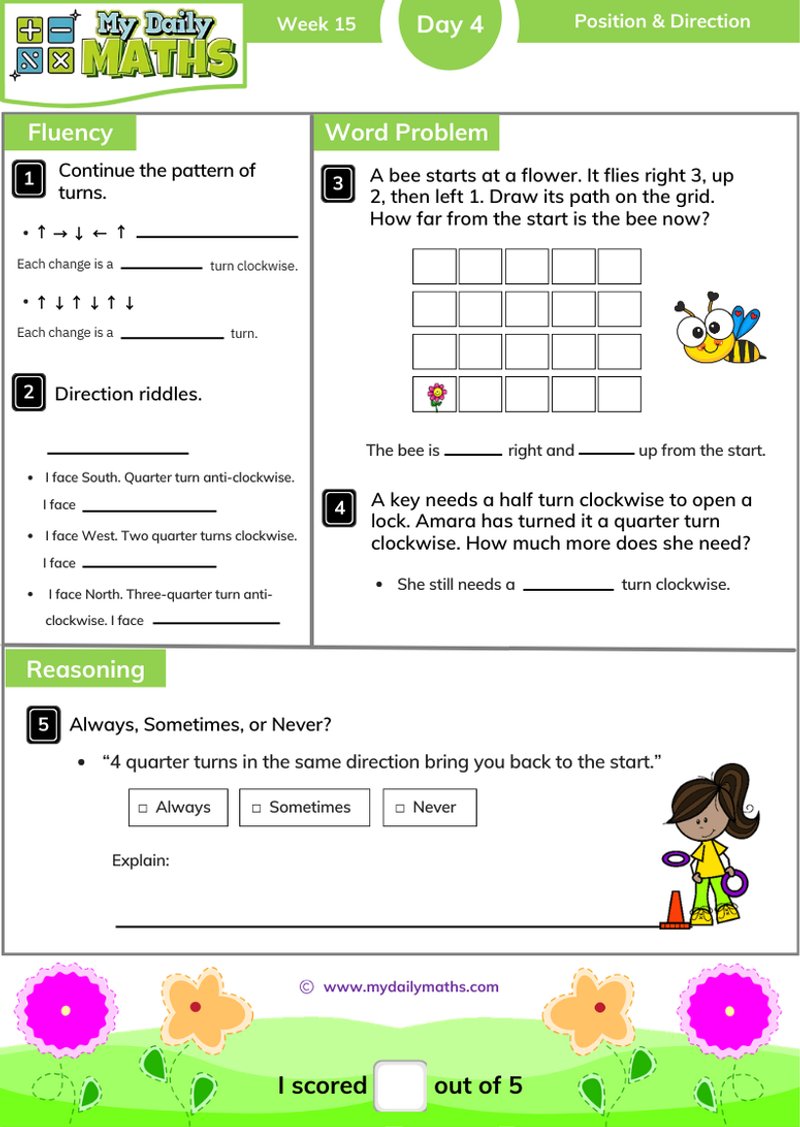 Year 2 Position & Direction - Day 4 - Position & Direction maths worksheet with fluency, word problem, and reasoning sections
