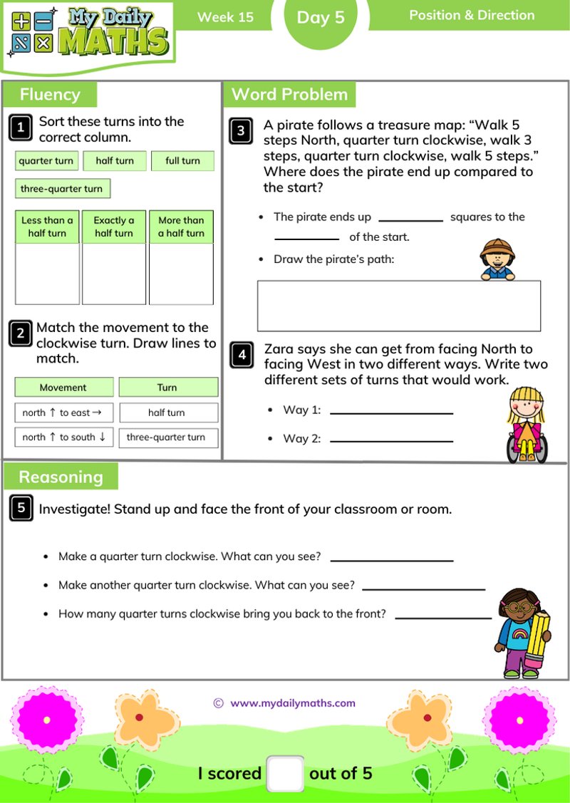 Year 2 Position & Direction - Day 5 - Position & Direction maths worksheet with fluency, word problem, and reasoning sections