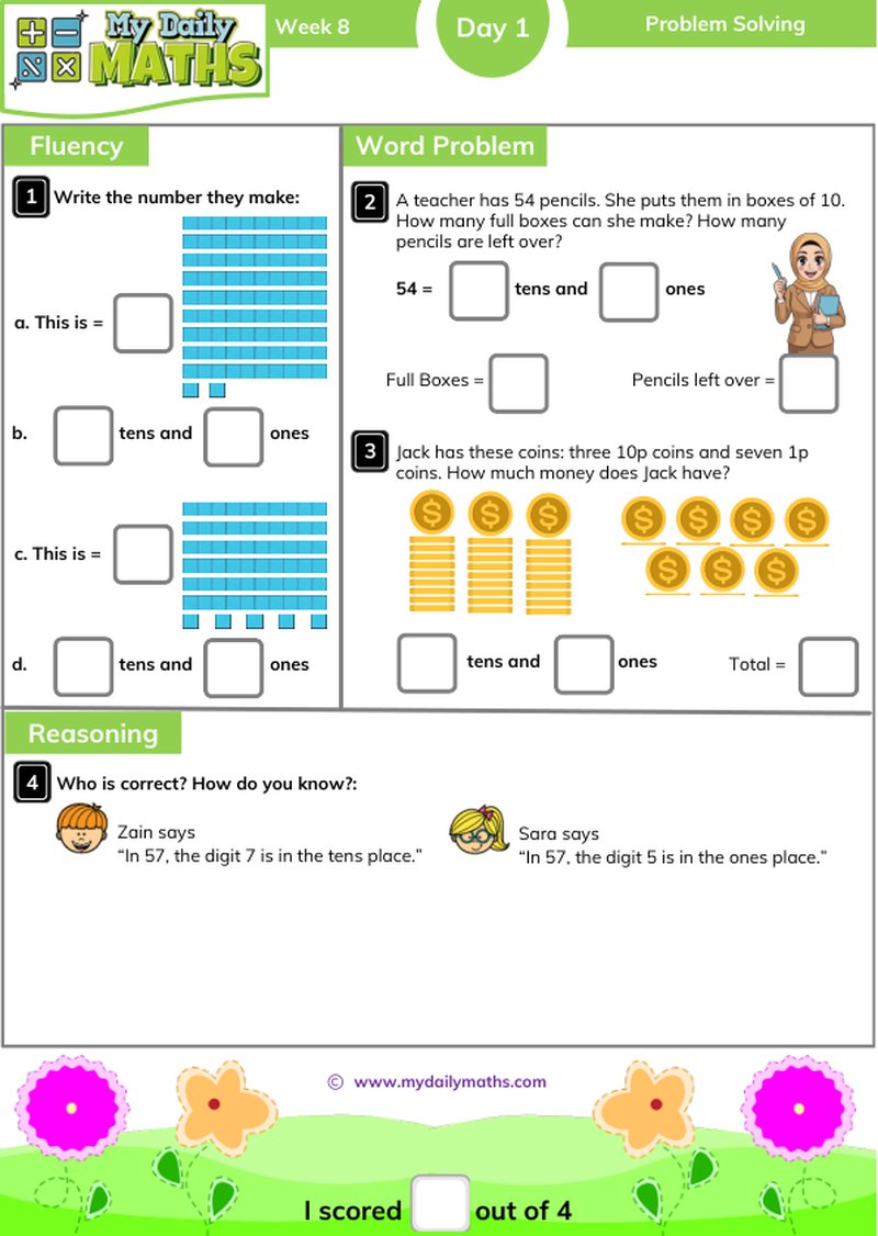 Year 2 Problem Solving - Day 1 - Problem solving maths worksheet with fluency, word problem, and reasoning sections