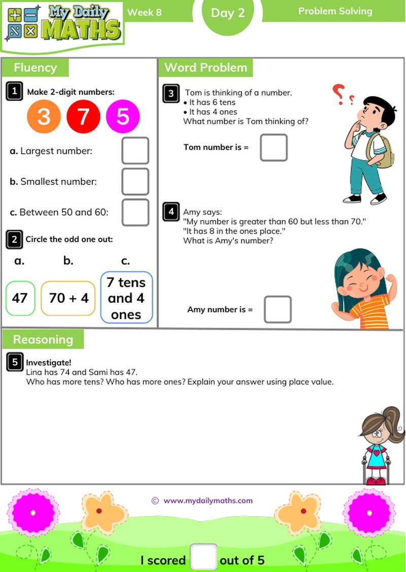 Year 2 Problem Solving - Day 2 - Problem solving maths worksheet with fluency, word problem, and reasoning sections