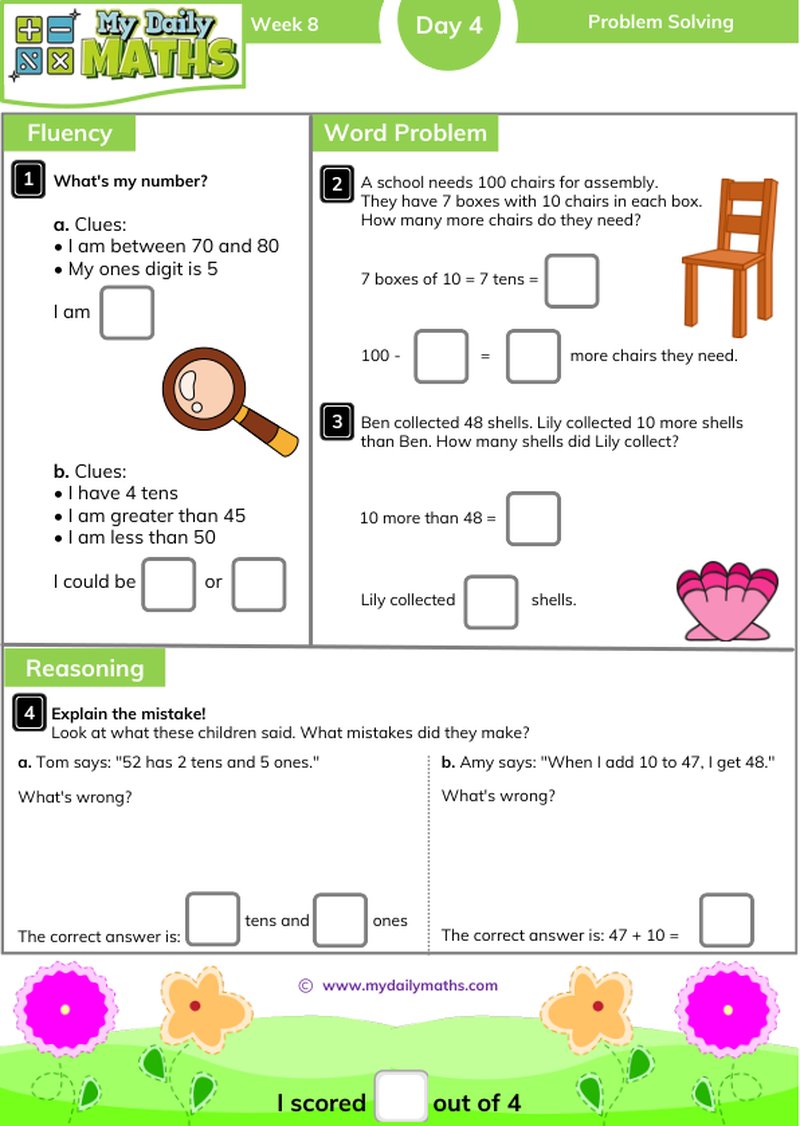 Year 2 Problem Solving - Day 4 - Problem solving maths worksheet with fluency, word problem, and reasoning sections