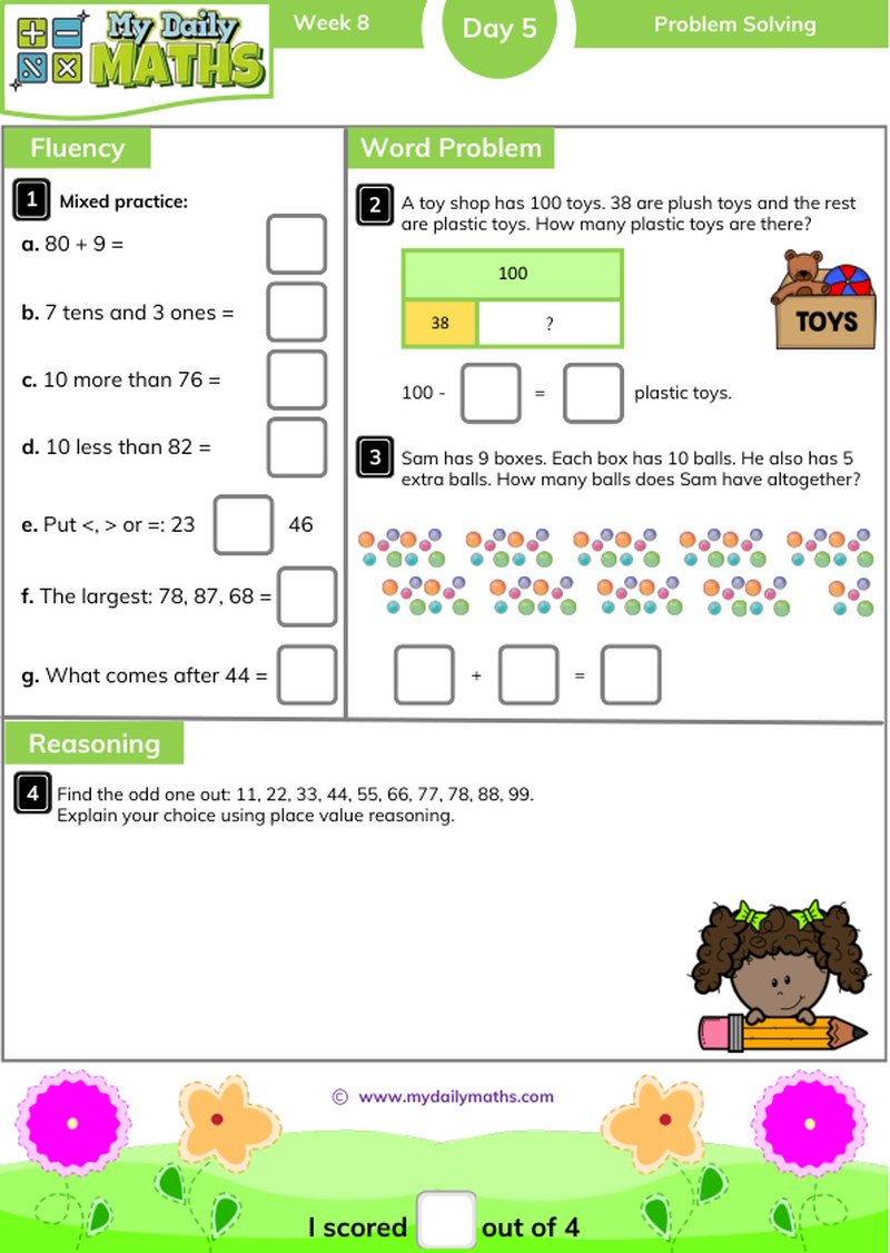Year 2 Problem Solving - Day 5 - Problem solving maths worksheet with fluency, word problem, and reasoning sections