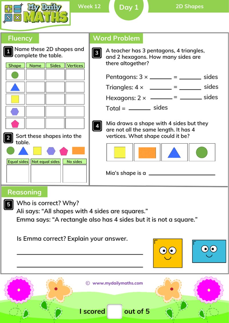 Year 2 2D Shapes - Day 1 - Shapes maths worksheet with fluency, word problem, and reasoning sections