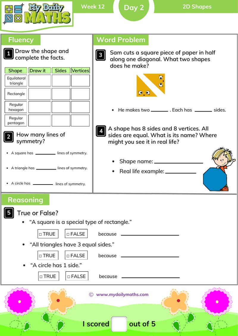 Year 2 2D Shapes - Day 2 - Shapes maths worksheet with fluency, word problem, and reasoning sections