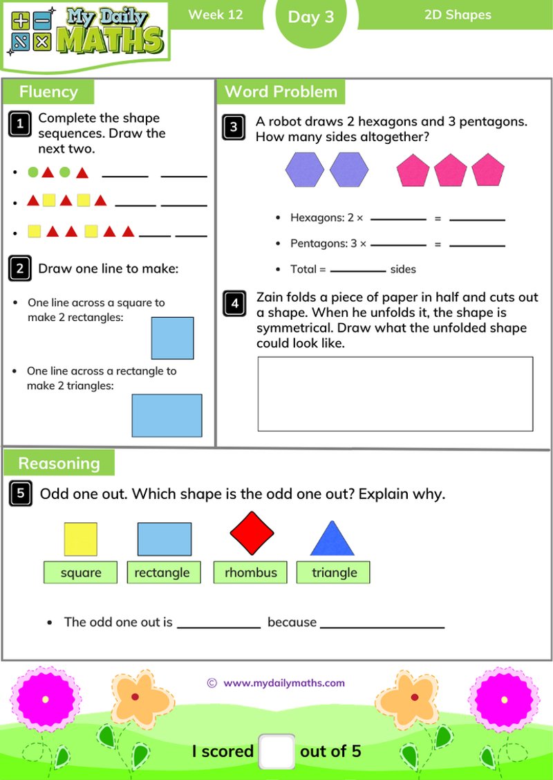 Year 2 2D Shapes - Day 3 - Shapes maths worksheet with fluency, word problem, and reasoning sections