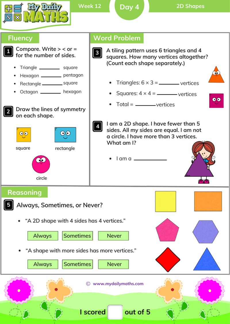 Year 2 2D Shapes - Day 4 - Shapes maths worksheet with fluency, word problem, and reasoning sections