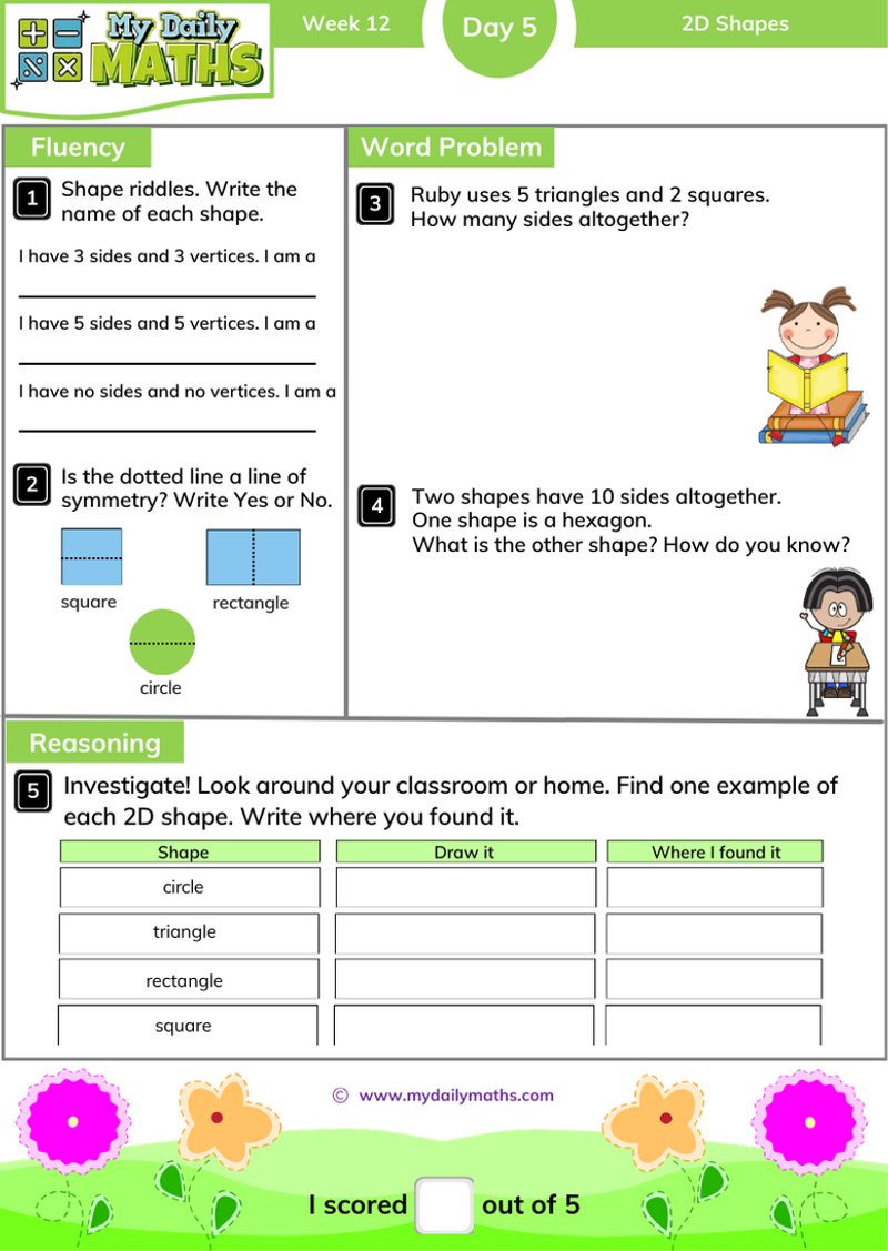 Year 2 2D Shapes - Day 5 - Shapes maths worksheet with fluency, word problem, and reasoning sections